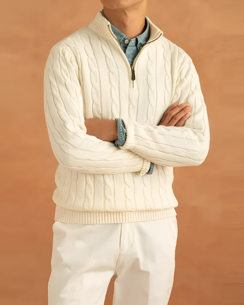 OLD MONEY HALF-ZIP CABLE SWEATER - 100% COTTON
